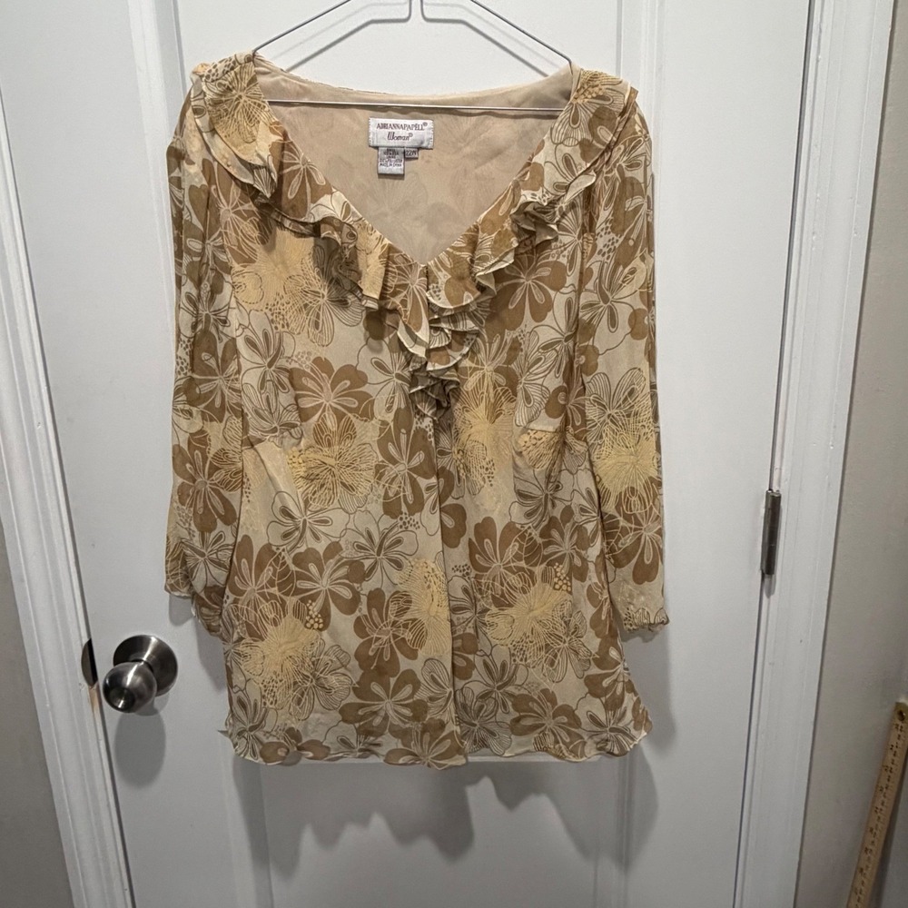 Adrianna Papell Women Silk Floral Ruffle V-Neck Blouse Size 22W